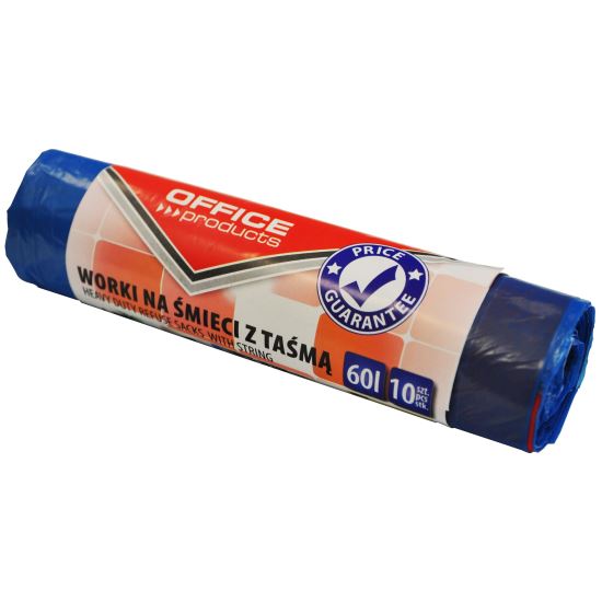 Saci menajeri cu snur OFFICE Products Premium, 60 litri, rezistenti, LDHD, 10 buc/set, albastru