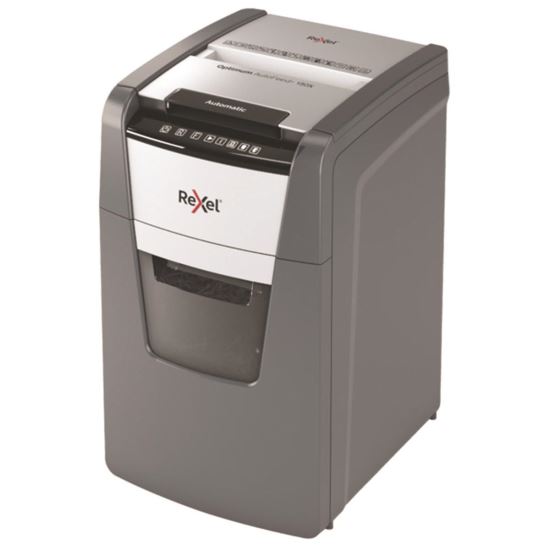 Distrugator documente REXEL OPTIMUM AUTOFEED+ 50X, 50 coli, securitate P-4, cos de 20 litri, taiere confetti 4 x 28 mm, gri