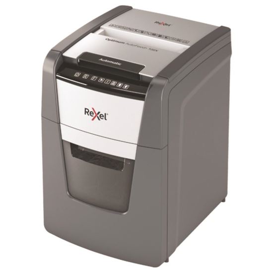 Distrugator documente REXEL OPTIMUM AUTOFEED+ 100X, 100 coli, securitate P-4, cos de 34 litri, taiere confetti 4 x 28 mm, gri