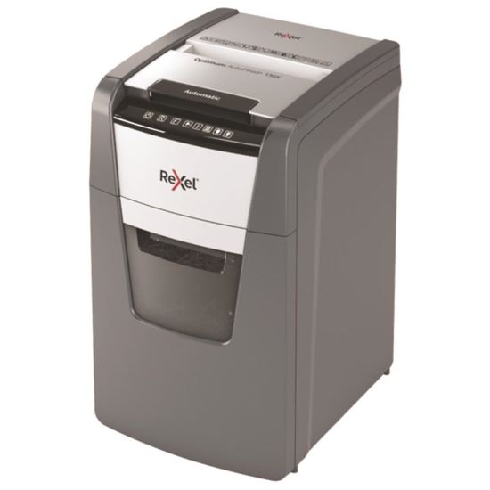 Distrugator documente REXEL OPTIMUM AUTOFEED+ 130X, 130 coli, securitate P-4, cos de 44 litri, taiere confetti 4 x 28 mm, gri