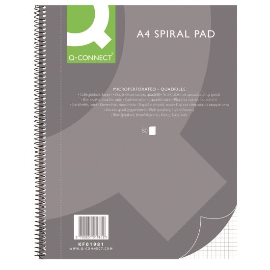 Caiet de birou Q-CONNECT spiralat A4, 80 file, cu 4 perforatii, hartie 70 g/mp, coperta cartonata, aritmetica