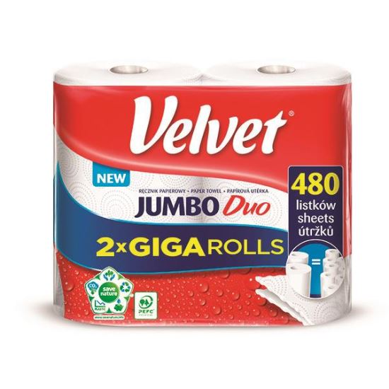 Prosoape de bucatarie VELVET Jumbo Duo, 2 buc/set, 2 straturi, celuloza alb, 2 x 240 foi de dim. 21 x 22,5 cm