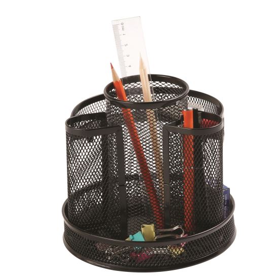 Organizator de birou rotativ Q-CONNECT MESH, 5 compartimente, din plasa metalica, 165 x 165 x 160 mm, negru