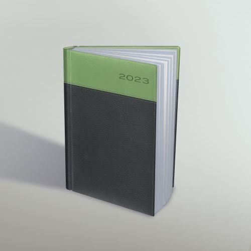 Agenda Herlitz Premium Deluxe 2023, format A5, datata, 352 file, coperta din piele sintetica, margini folio aurii, verde/gri