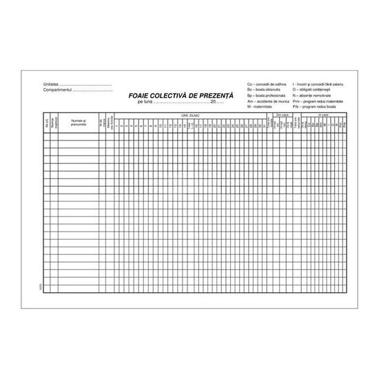 Foaie colectiva de prezenta, A4, 100 file, hartie offset
