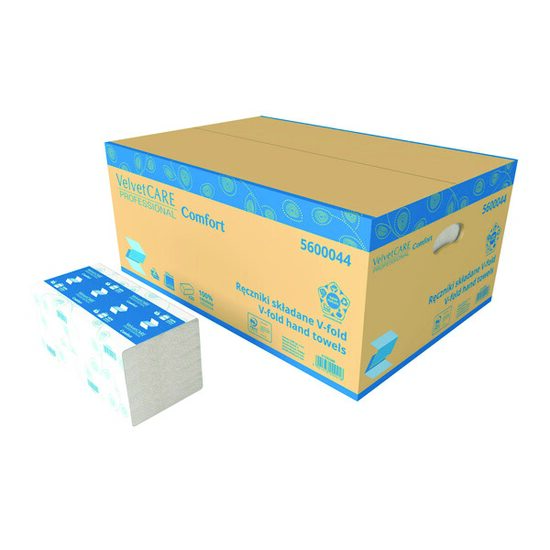 Prosoape pliate VELVET Professional, V-fold, ZZ, celuloza alb, 2 straturi, 150 foi, 23 x 25 cm, 20 pachete/bax