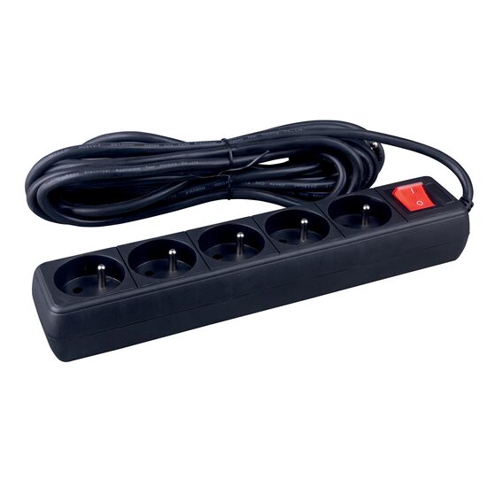 Prelungitor OFFICE Products cu intrerupator, 5 prize si cablu de 3 m, cu pamantare, negru