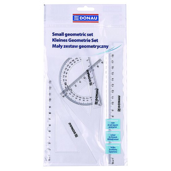 Set geometrie DONAU, transparent, (rigla 20 cm, echer 13 cm, raportor, echer 9 cm)