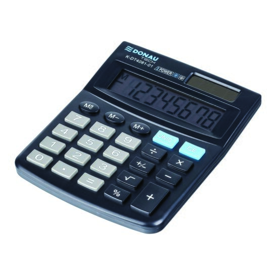 Calculator de birou DONAU TECH, solar, 8 cifre, afisaz inclinat, format mediu, 130 x 104 x 19 mm, negru