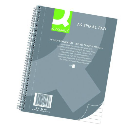 Caiet de birou Q-CONNECT spiralat A5, 80 file, cu 4 perforatii, hartie 70 g/mp, coperta cartonata, dictando