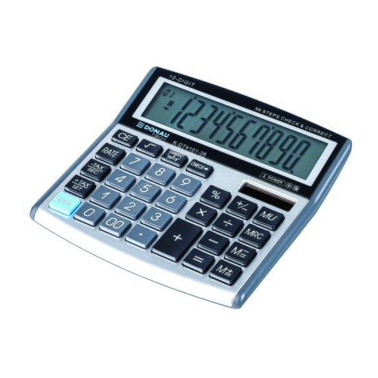 Calculator de birou DONAU TECH, solar, 12 cifre, functie TAX, afisaz inclinat, format mediu, 136 x 134 x 28 mm, argintiu
