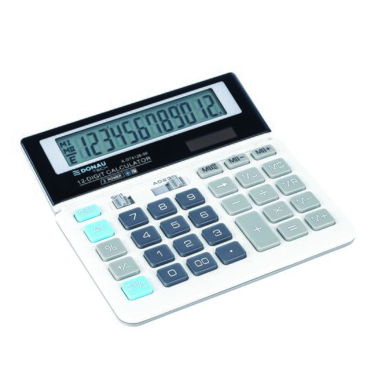 Calculator de birou DONAU TECH, solar, 12 cifre, afisaz inclinat, format mediu, 155 x 152 x 28 mm, alb