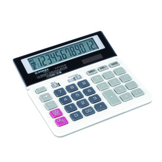 Calculator de birou DONAU TECH, solar, 12 cifre, afisaz inclinat, format mediu, 155 x 152 x 28 mm, alb