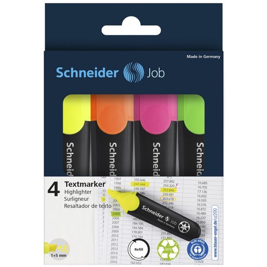 Textmarker Schneider Job, scriere 1 - 5 mm, set 4 culori