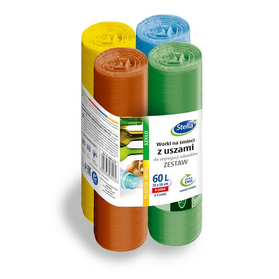 Saci menajeri Stella, set colecatare selectiva, 4 x 60 litri, rezistenti, LDPE, 4 culori, 4 x 10 buc/set