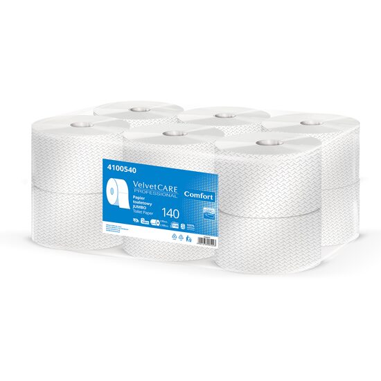 Hartie igienica mini jumbo VELVET Professional, 140 m, celuloza alb, 2 straturi, portionat, pachet 12 role
