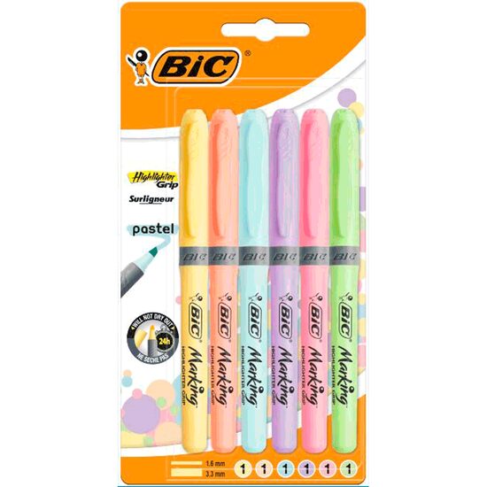 Textmarker BIC Brite Liner Grip Pastel, set 6 culori pastel, blister