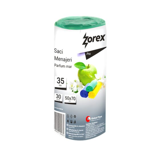 Saci menajeri colectare selectiva ZOREX Pro, 35 litri, rezistenti, LDPE, 15 buc/set, verde (deseuri sticla)