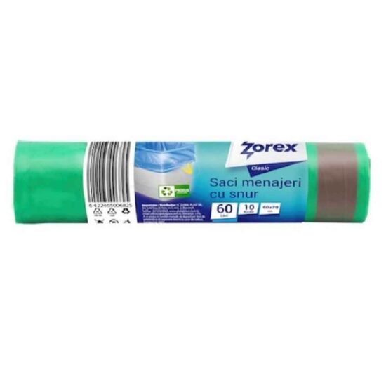 Saci menajeri colectare selectiva ZOREX Pro, 60 litri, rezistenti, LDPE, 10 buc/set, verde (deseuri sticla)