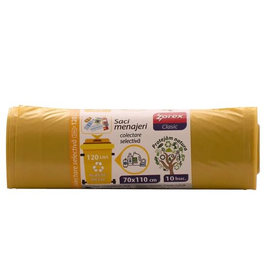 Saci menajeri colectare selectiva ZOREX Pro, 120 litri, rezistenti, LDPE, 10 buc/set, galben (deseuri plastic)