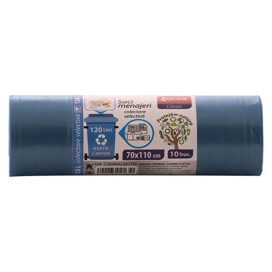 Saci menajeri colectare selectiva ZOREX Pro, 120 litri, rezistenti, LDPE, 10 buc/set, albastru (deseuri hartie)