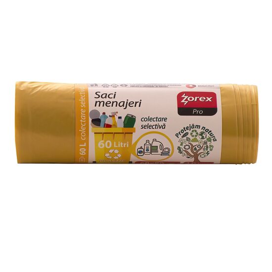 Saci menajeri colectare selectiva ZOREX Pro, 60 litri, rezistenti, LDPE, 10 buc/set, galben (deseuri plastic)