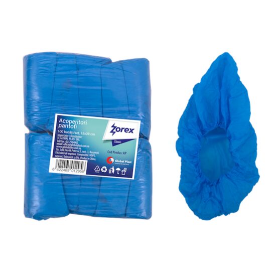 Acoperitori pantofi Zorex din polietilena clorurata PE, 15 x 38 cm, 100 buc/set, albastru