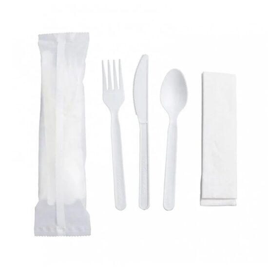 Furculita + cutit + lingura + servetel, reutilizabile, din PS, set 100
