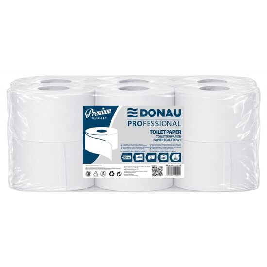 Hartie igienica mini jumbo DONAU PROfessional, 120 m, celuloza alb, 2 straturi (2 x 15g), 480 foi, pachet 12 role