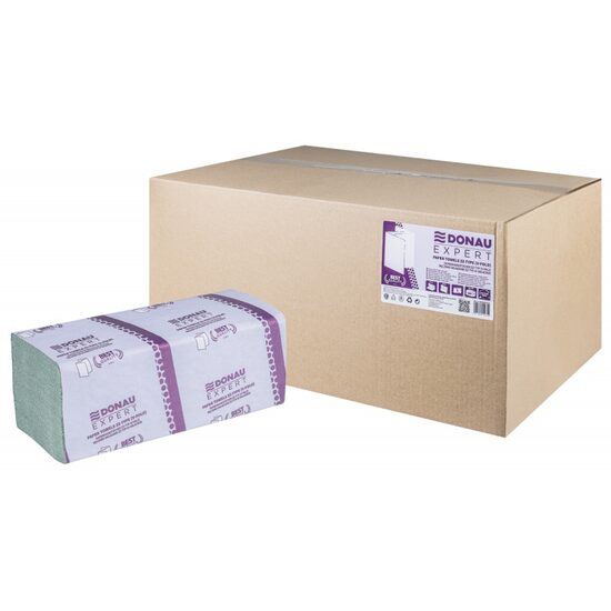 Prosoape pliate DONAU Expert, V-fold, ZZ, reciclat verde (36 gr/mp), 1 strat, 190 foi, 20 x 25 cm, 20 pachete/bax