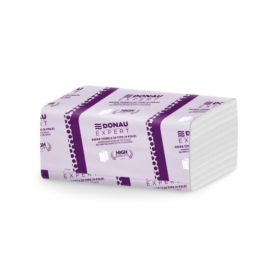 Prosoape pliate DONAU Expert, V-fold, ZZ, celuloza alb (32 gr/mp), 2 straturi, 140 foi, 21 x 23 cm, 20 pachete/bax
