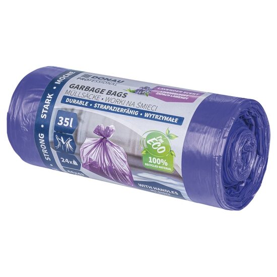 Saci menajeri cu manere DONAU PROFESSIONAL, parfum de lavanda, 35 litri, rezistenti, 24 buc/set, mov