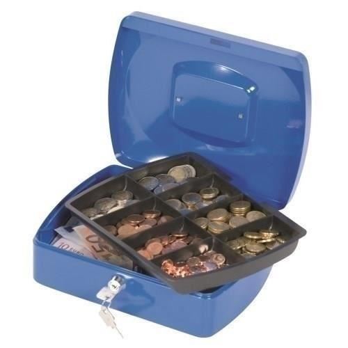 Cutie metalica pentru valori Q-CONNECT, larga, 255 x 85 x 200 mm, incuietoare cu doua chei, albastru