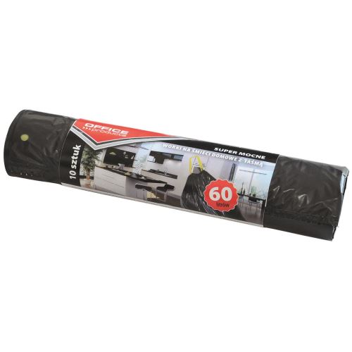 Saci menajeri cu snur OFFICE Products, 60 litri, rezistenti, LDPE, 10 buc/set, negru