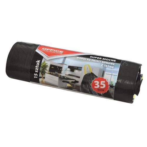 Saci menajeri cu snur OFFICE Products, 35 litri, rezistenti, LDPE, 15 buc/set, negru
