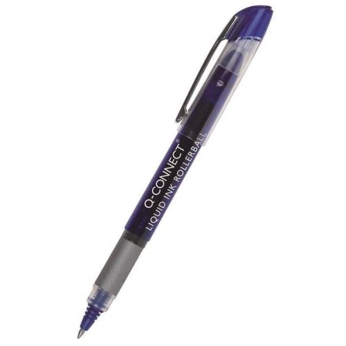 Roller Q-CONNECT, corp cu grip, scriere de 0.5 mm, capac cu clips metal, albastru