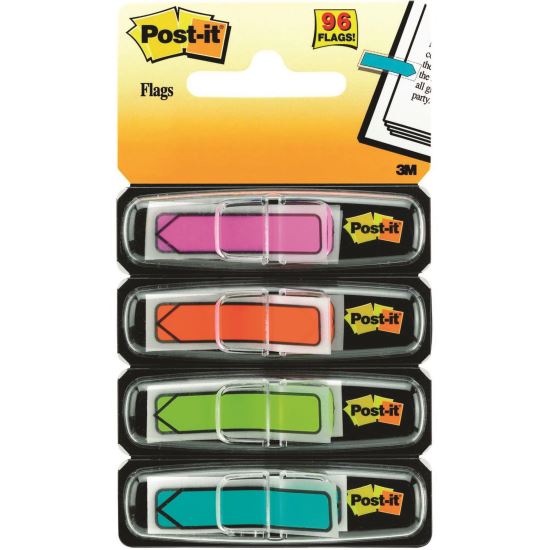 Index adeziv din plastic Post-it Arrow (684-ARR4), cu sageata, in dispenser, 12 x 43 mm, set 4 x 24, culori neon