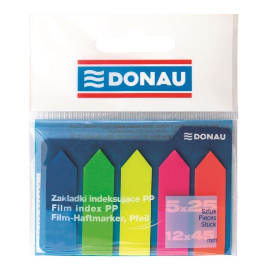Index adeziv din plastic DONAU, cu sageata, 45 x 12 mm, set 5 x 25 file color