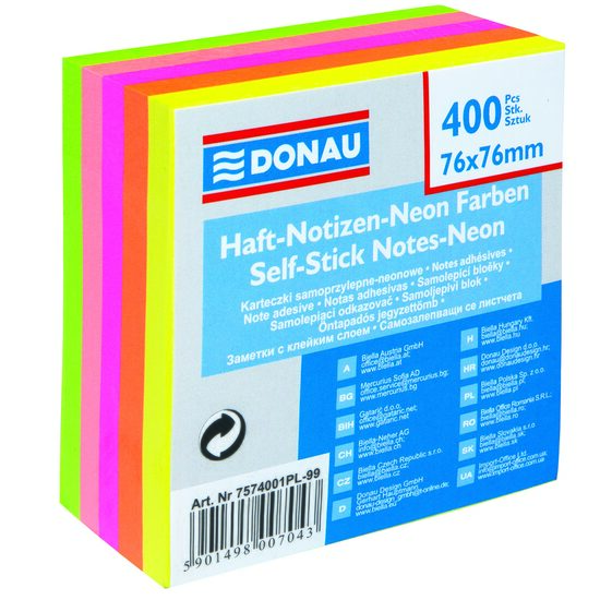 Cub notite adezive DONAU, 76 x 76 mm, 400 file, culori neon