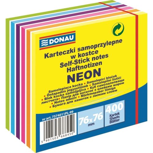 Cub notite adezive DONAU, 76 x 76 mm, 400 file, 6 culori neon/pastel