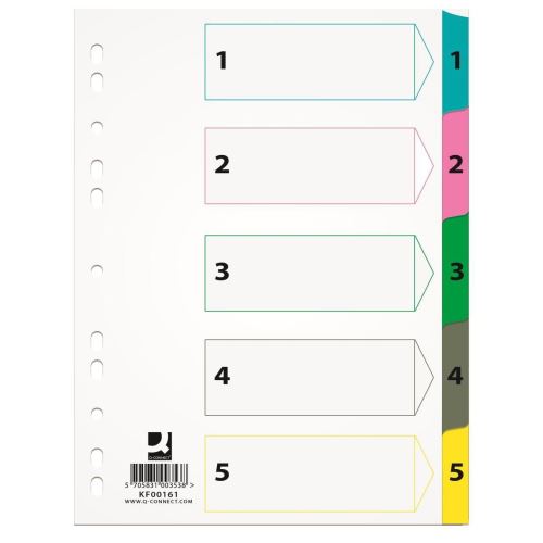 Separatoare A4 din carton Q-CONNECT Mylar, index numeric 1-5, taste plastifiate color
