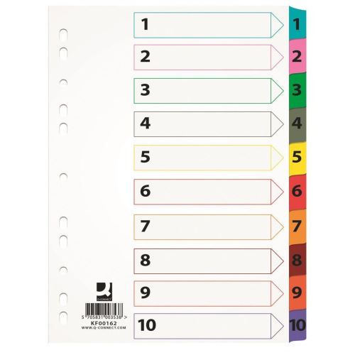 Separatoare A4 din carton Q-CONNECT Mylar, index numeric 1-10 , taste plastifiate color