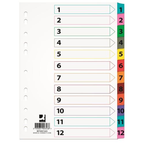 Separatoare A4 din carton Q-CONNECT Mylar, index numeric 1-12 , taste plastifiate color