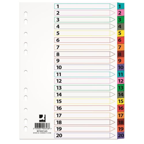 Separatoare A4 din carton Q-CONNECT Mylar, index numeric 1-20 , taste plastifiate color