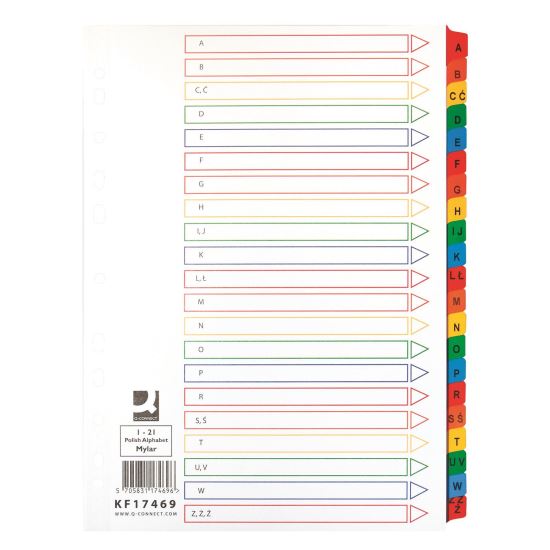 Separatoare A4 din carton Q-CONNECT Mylar, index alfabetic A-Z, taste plastifiate color