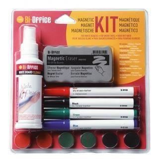 Kit pentru tabla magnetica Bi-Office (spray, burete, magneti si 4 markere)