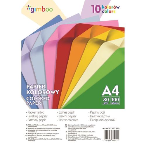 Hartie color Gimboo Mix, A4, 80 gr, 100 coli/top, 10 culori neon