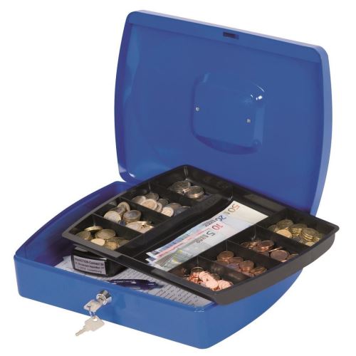 Cutie metalica pentru valori Q-CONNECT, extra larga, 325 x 85 x 235 mm, incuietoare cu doua chei, albastru