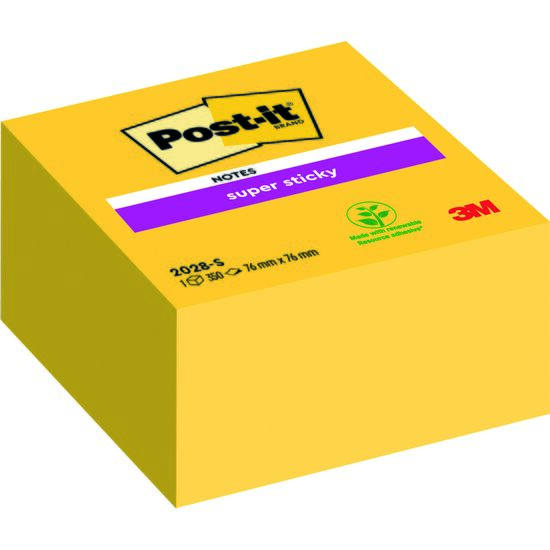 Cub notite adezive Post-it Super Stiky (2028-S), 76 x 76 mm, 350 file, galben intens