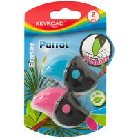 Radiera KEYROAD Parrot cu protectie, albastru si roz, 2 buc/blister